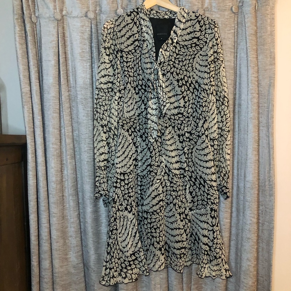 Anna Sui for Anthropologie Black Patterned Silk Long Sleeve Dress Size 8